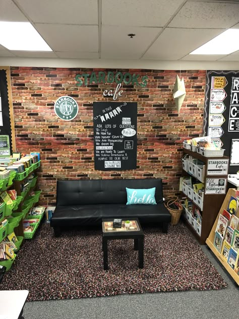 Starbucks Reading Corner, Industrial Classroom Theme, Urban Classroom Decor, Cafe Reading Corner, Coffee Shop Aesthetic Classroom, Coffeehouse Classroom Theme, Cafe Classroom Decor, Classroom Coffee Shop Theme, Classroom Coffee Shop