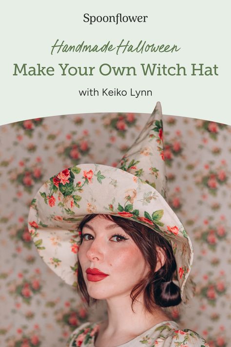 Halloween Queen @keikolynn is here with a bewitching #DIY hat tutorial—spooky season has officially begun! 🧙🏼‍♀️🎃🐈‍⬛ 💜 To complete this magical matching moment, Keiko created her own pattern and stitched up this witch hat in a darling @bradburywallpaper print—and she's sharing her how-to with you! Perfect for trick-or-treating, potion-making or wearing during your annual Halloween movie marathon, your custom witch hat will be the talk of the town. Sew A Witch Hat, Witches Hat Sewing Pattern, Witch Hat Ideas Diy, Mini Witch Hat Diy, Diy Witch Hat Pattern, Free Witch Hat Pattern, Making A Witch Hat, Diy Hat Making, Spooky Craft Ideas