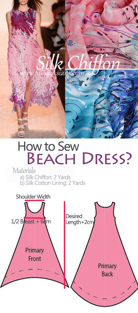 Pink Silk Chiffon. Blue print silk. 6mumi Width 53". SCD100007 Diy Beach Dress, Robe Diy, Dress Sewing Patterns Free, Diy Beach, Sew Ins, Dress Idea, Estilo Hippie, Clothes Sewing, Pattern Drafting