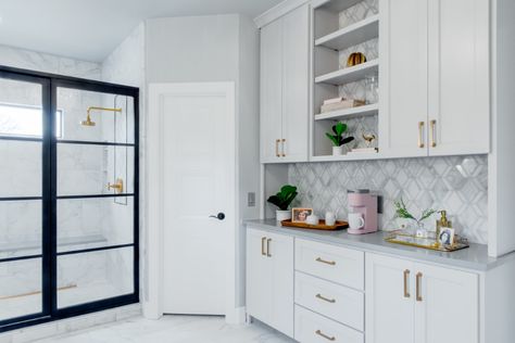 Elegant Master Bathroom Retreat and Coffee Bar! - Transitional - Austin - by The Inside Story Design, LLC | Houzz Elegant Coffee Bar, Bathroom Retreat, Story Design, Water Closet, Linen Cabinet, Coffee Station, Tile Backsplash, Master Bath, Coffee Bar