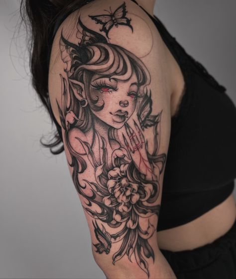 Fairy goddess and a Chrysanthemum, with a pop of red, for Taseandra. 🤍 I really enjoyed this one! Done at the lovely Laughing Buddha in Seattle. - - - #tattoo #fairy #blackwork #lady #portrait #chrysanthemum #kawaii #manga Fairy Goddess Tattoo, Dark Fairy Tattoos For Women, Asian Fairy Tattoo, Dark Fairy Tattoo Designs, Fairy Mandala Tattoo, Tattoo Fairy, Seattle Tattoo, Fairy Goddess, Lady Portrait