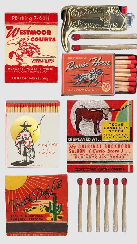 #red #vintage #western #westernaesthetic #cowboy #matches #matchbook Farm Stickers, Longhorn Steer, Matchbook Art, Spaghetti Western, Cowboy Theme, Logo Redesign, Pony Club, Western Aesthetic, Western Design