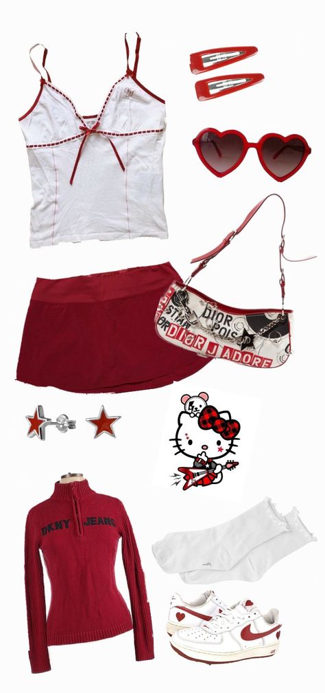 red and white fit Red And White Y2k Outfits, 2000s Fashion Outfits Red, Coquette Americana Aesthetic Outfit, Vintage Americana Coquette Outfit, Y2k Valentines Outfit, Ghoulia Redesign, American Coquette Outfits, Coquette Americana Outfits, Americana Coquette Outfit