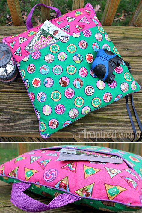 Sew a travel reading pillow perfect for camping from a wide selection of novelty fabrics -- great for Girl Scouts and Boy Scouts! | The Inspired Wren Reading Badges, Girl Scout Brownie Badges, Girl Scout Meeting Ideas, Camping Diy Projects, Camping Projects, Girl Scout Troop Leader, Girl Scouts Brownies, Brownie Girl Scout, Girl Scout Camping