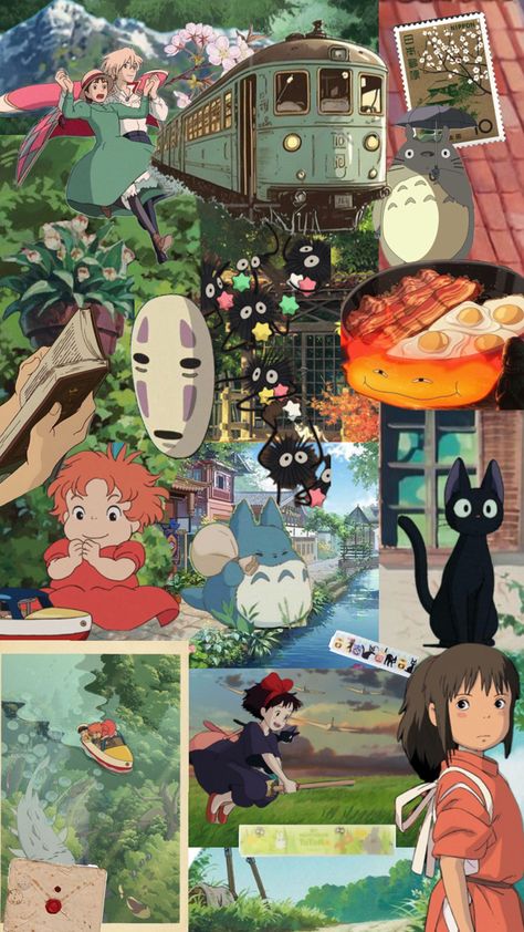 #ghibli #naturewallpaper #animewallpaper #studioghibli #moviecollage Ghibli Wallpapers, Studio Ghibli Wallpaper, Hayao Miyazaki Art, Ghibli Wallpaper, Studio Ghibli Background, Japanese Animated Movies, Ghibli Artwork, Wallpaper Collage, Studio Ghibli Movies