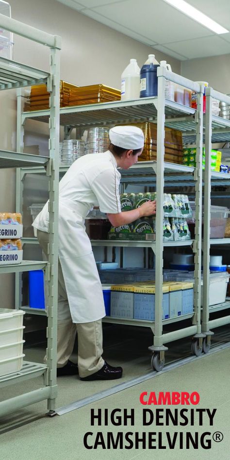 High density Camshelving offers unmatched ease in food service storage for restaurants, hotels, and healthcare applications. Enjoy Cambro's lifetime warranty against rust and corrosion, while keeping your contents securely stored with minimal footprint. Check out more at Cambro.com! #hotels #restaurants #hotelservice #foodservice #camshelving #shelving #cambro #cheflife High Density Storage, Mobile Shelving, Hotel Services, Density, Restaurant Kitchen, Tracking System, Extra Storage Space, Storage System, Shelving Unit