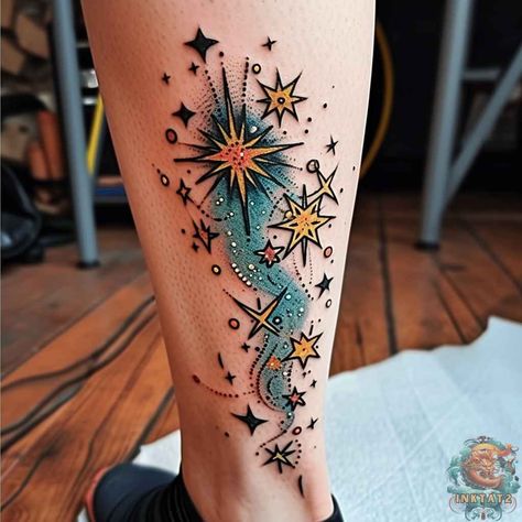 Neo Traditional Star Tattoo, Star Tattoo Sleeve Women, Sun And Planets Tattoo, Neotraditional Space Tattoo, Liminal Space Tattoo, Two Lost Souls Tattoo, Space Needle Tattoo, Male Forearm Tattoo Ideas, Traditional Space Tattoo