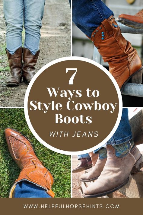 Jeans and cowboy boots just go together. These days, jeans come in different fashions, and people are always looking for better ways to style their boots with different jean colors and fits. In the right combination, it’s tough to beat the combination of jeans and cowboy boots. Here are some of the best ways to style boots with jeans. #wideleg #baggy #brown #flared #bellbottom #helpfulhorsehints Cowboy Boots And Baggy Jeans, Style Boots With Jeans, Cowboy Boots With Jeans, Jeans And Cowboy Boots, Spencer List, Style Cowboy Boots, Boots With Jeans, Pointed Toe Boots, Favorite Boots