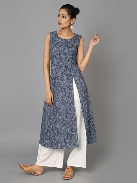 Grey Blue Cotton Asymmetrical Kurta - The Wooden Closet Feeding Dress Pattern Indian, Feeding Dress Pattern, डिजाइनर कपड़े, Wooden Closet, Simple Kurta Designs, Designer Kurti Patterns, Salwar Designs, Indian Party, Long Kurti Designs