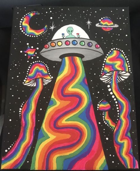 Trippy Illustration Art, Alien Ship Painting, Trippy Aesthetic Art, Shroom Drawings Trippy, Funky Painting Ideas On Canvas, Trippy Alien Painting, Trippy Aesthetic Drawings, Trippy Painting Ideas Easy, Cool Drawings Trippy Creative