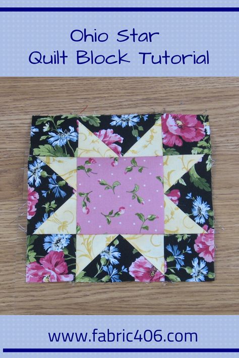 Today we’re going to sew together an Ohio Star block – maybe you’ve heard of it by a different name like Sawtooth Star, Lone Star – it goes by quite a few names! Usually the star points and center block are the darker colored fabrics but in my example I’ve made the background fabric the dark color and the star points the light. Ohio Star Quilt Block, Ohio Star Quilt, Puzzle Quilt, Sawtooth Star, Ohio Star, Log Cabin Quilt Blocks, Nine Patch Quilt, Star Quilt Blocks, Star Blocks