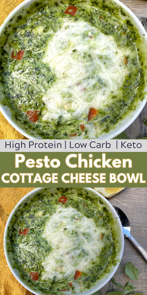 pesto chicken cottage cheese bowls topped with mozzarella Cottage Cheese Dinner Recipes Healthy, Cottage Cheese Enchilada Bowl, Cottage Cheese Weight Watchers Recipes, Chicken Cottage Cheese Bowl, High Protein Cottage Cheese Bowls, Chicken Cottage Cheese Recipes, Cottage Cheese Recipes Healthy Low Carb, Cottage Cheese High Protein Recipes, Cottage Cheese Bowls Lunch