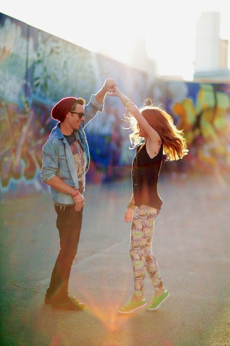 Downtown LA Arts District Engagement Photos Graffiti Couple Photoshoot, Graffiti Engagement Photos, Dancing Pose, Country Engagement Pictures, Urban Engagement, Romantic Photoshoot, Couple Engagement Pictures, Engagement Shots, Country Engagement