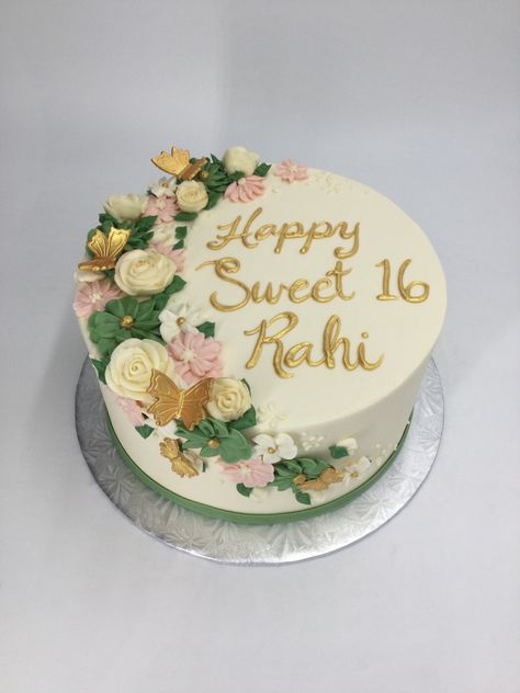 Floral Grad Cake, Floral Sweet 16 Cake, Floral Sweet Sixteen Party Ideas, Green And Gold Birthday Cake, Green Birthday Cakes, 19th Birthday Cakes, Gold Birthday Cake, 13 Birthday Cake, Birthday Cake With Flowers