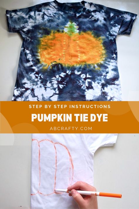 top photo of a tie dye pumpkin shirt and the bottom photo is drawing half a pumpkin onto a folded shirt with the title "pumpkin tie dye" Tye Dye Pumpkin Shirt, Fall Tshirt Design Ideas, Tye Dye Pumpkin Shirt Diy, How To Do Tie Dye Shirts, Pumpkin Tie Dye Shirt, Halloween Tye Dye Shirts, Fall Tie Dye Shirts, Halloween Tye Dye Shirt, Halloween Tie Dye Shirts