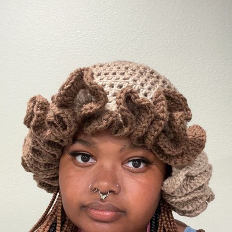 Wavy handmade crochet hat with multiple shades of brown.  May not be the same pattern every time because it's made with a multi colored brown yarn Brown Crochet Hat, Brown Yarn Crochet, Crotchet Hat, Crochet Brown, Ruffle Hat, Boho Whimsical, Brown Yarn, Short Locs, Brown Crochet