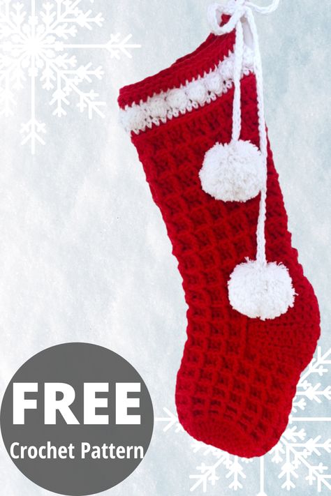 Free crochet pattern for a Christmas Stocking. The no-sew Christmas stocking is made in one piece using the Waffle stitch. Free Crochet Pattern Christmas, Crochet Seasonal, Christmas Stocking Crochet, Boho Christmas Stocking, Stocking Pattern Free, Stocking Crochet, Crochet Christmas Stocking Pattern, Crochet Pattern Christmas, Bobble Crochet