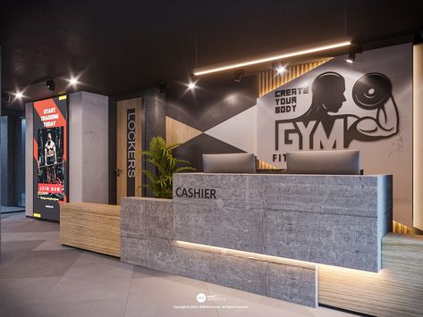 Industrial Gym Reception Design, Gym Reception Design Ideas, Beautiful Gym Interior, Reception Gym Interior Design, Gym Reception Design Interior, Gym Setup Ideas Commercial, Gym Counter Design, Gym Bar Design, Gym Reception Area