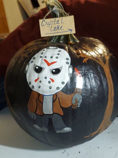 Pumpkin Painting Michael Myers, Jason Painted Pumpkin, Chucky Painted Pumpkin, Scary Pumpkin Painting Ideas Creative, Freddy Krueger Pumpkin Painting, Pumpkin Painting Ideas Horror, Jason Pumpkin Painting, Jason Voorhees Pumpkin Painting, Saw Pumpkin Painting