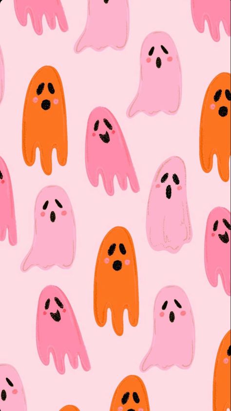 Pink Ghosts Wallpaper, Pastel Halloween Wallpaper Iphone, Pink And Orange Fall Aesthetic, Pink And Orange Halloween Aesthetic, Pink And Orange Halloween Wallpaper, Pink And Orange Halloween, Pink Halloween Wallpaper, Cute Backgrounds For Iphone, Halloween Wallpaper Iphone Backgrounds