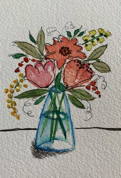 Mothers Day Cards Watercolor Simple, Line And Wash Watercolor Sketches, Flower Vase Watercolor, Watercolor Paintings Easy, Seni Cat Air, Watercolor Flower Art, Lukisan Cat Air, Watercolor Art Lessons, Art Inspiration Painting