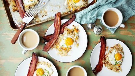 Sheet Pan Breakfast Bake Recipe:  "I always add a special touch of creole seasoning in place of just salt and pepper. It was super easy to prepare and was a big hit with everyone. Who would not love potatoes, bacon and eggs on a Sunday morning?" - Food.com Breakfast Bake Recipes, Sheet Pan Breakfast, Breakfast Cheese, Baked Breakfast Recipes, Bacon Eggs, Bake Recipes, What's For Breakfast, Pan Recipes, Hash Browns