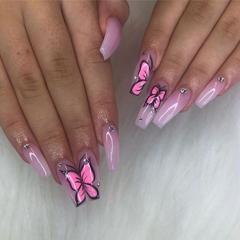 Purple Butterfly Nails Coffin, Pink Ombre Nails With Butterflies, Pink Ombre Butterfly Nails, Purple And Pink Butterfly Nails, Pink And Purple Butterfly Acrylic Nails, Beauty Nail Salon, Candy Paint, Rose Gold Nails, Nail Art Pen