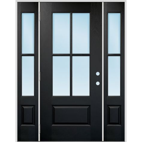 Pre-Hung Fiberglass 1-3-1 Door. Includes Frame, Hinges, Weather-Stripping, and Threshold. Pre-Hung in 4-9/16 Primed Jambs. Greatview Doors 62-in x 80-in x 4-9/16-in Fiberglass 3/4 Lite Right-Hand Outswing Black Painted Front Door with Sidelights Insulating Core Exterior Front Door With Side Lights, Black Single Front Door, Black Double Front Door, Front Door With Side Windows, Front Door With Glass Panels, Black Front Door With Sidelights, Black Entry Doors, Front Door With Sidelights, Door With Sidelights