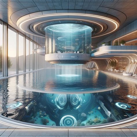 Futuristic Pool Design, Futuristic Aquarium, Futuristic Reception, Futuristic Architecture Future City, Futuristic Room, Future Interior Design, Waiting Room Design, Moon Pool, Sci Fi City