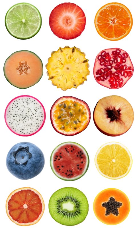 Circle Fruits, Fruit Collage Art, Fruit Pfp, Fruit Cross Section, Frutas Aesthetic, Fruit Collage, Food Collage, Fruit Icons, Power Smoothie