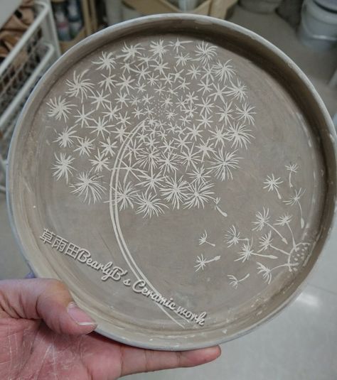 Dandelion, Ceramic, Pottery, Plate Dandelion Ceramic Plate, Angoba Ceramics Plate, Scrafitto Ceramics Plates, Scrafito Ceramics Plate, Scraffito Designs Simple Plate, Dandelion Pottery, Scrafito Ceramics, Sgrafitto Ceramics, Ceramics Carving