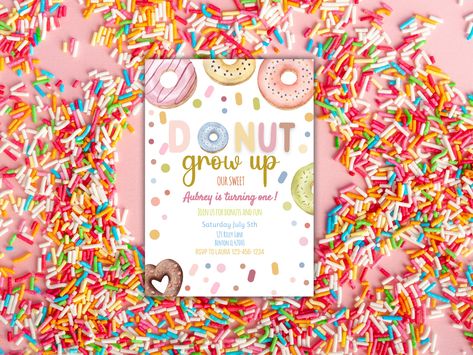 Donut Birthday Invitation Donut Editable Template Donut Grow up Invitation - Etsy Donut Grow Up Invitation, Grown Ups 2, Donut Birthday, Editable Template, 2nd Birthday, Donuts, Birthday Invitations, Growing Up, Candy