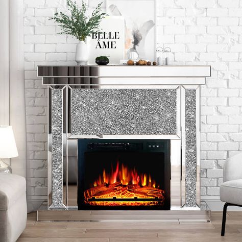 Rosdorf Park Rachell 47'' W Electric Fireplace & Reviews | Wayfair Mirror Tv Stand, Electric Fireplace Mantle, Fireplace Frame, Electric Fireplace Heater, Crushed Diamonds, Fireplace Heater, Diamond Mirror, Faux Fireplace, Corner Fireplace