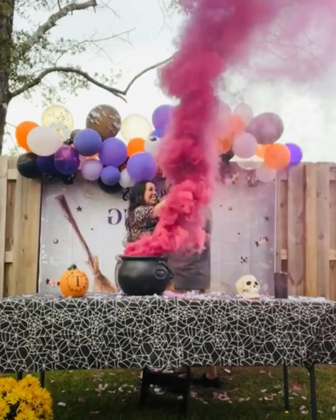 Fog Machine Gender Reveal, Halloween Gender Reveal Balloon Arch, Gender Reveal Volcano Diy, Simple Fall Gender Reveal Ideas, Gender Reveal With Dry Ice, Cauldron Gender Reveal How To, Potion Gender Reveal, Dry Ice Gender Reveal, A Baby Is Brewing Gender Reveal