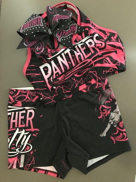 Cheer Athletics Panthers 💕 Majors 2014 Pink And Black Cheer Uniform, Cheer Athletics Panthers, Cheerleader Girls, Cheer Practice Outfits, Cheer Practice Wear, Cheer Flyer, Cheer Backpack, Dance Things, Cheer Gear