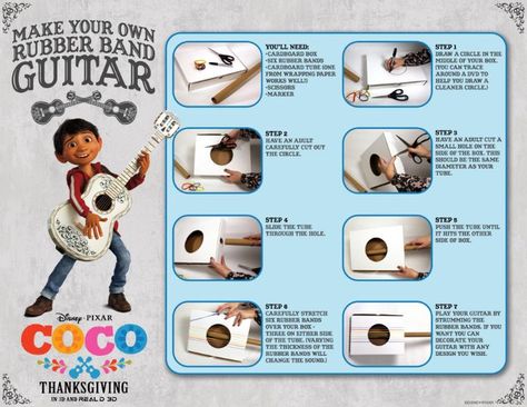 Disney Pixar Coco Craft - Free printable rubber band guitar craft, so kids can make music like Miguel. Guitar Craft, Rapping Paper, Coco Movie, Guitar Crafts, Pixar Coco, Free Printable Coloring Sheets, Kids In Love, Movie Card, Printable Coloring Sheets