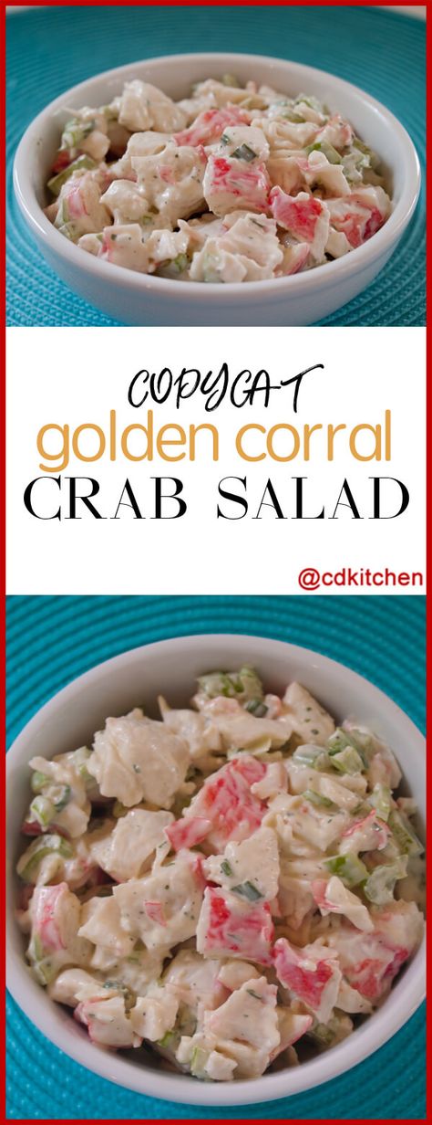 Copycat Golden Corral Crab Salad - The Golden Corral is known for several of their buffet items but the most requested one is always their crab salad. | CDKitchen.com Golden Corral Crab Salad Recipe, Seafood Salad Recipe, Salad Macaroni, Seafood Delight, Light Lunches, Golden Corral, Salad Quinoa, Crab Pasta, Crab Salad Recipe