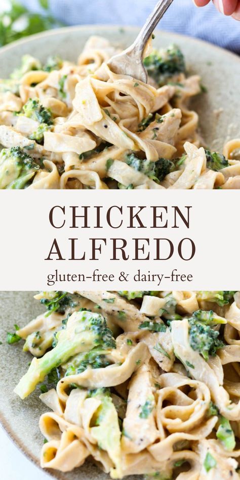 Dairy Free Chicken Alfredo, Chicken Alfredo With Broccoli, Buttermilk Baking, Gluten Free Dairy Free Recipes Dinner, Alfredo With Broccoli, Dairy Free Pasta Recipes, Gluten Free Dairy Free Dinner, Dairy Free Cooking, Dairy Free Recipes Dinner