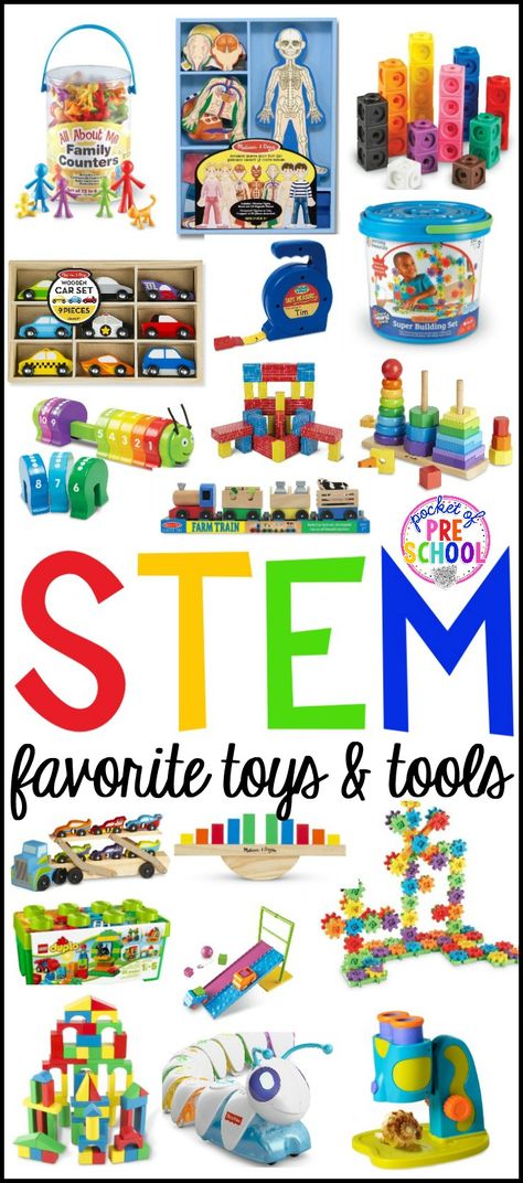 STEM tools and toys for preschool, pre-k, and kindergarten Stem Bins, Educational Toys For Preschoolers, Preschool Stem, Best Educational Toys, Educational Toys For Toddlers, Tools And Toys, Preschool Science, Classroom Fun, Stem Toys