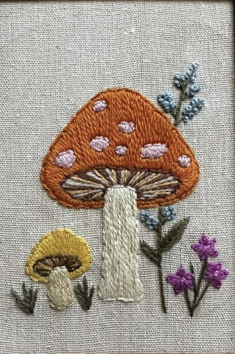 Mushroom Hand Embroidery, Mushroom Embroidery Designs, Mushrooms Embroidery, Embroidered Mushrooms, Toadstool Embroidery, Mushroom Embroidery Simple, Embroidery Mushrooms, Mushroom Embroidery Pattern, Mushroom Embroidery Pattern Simple