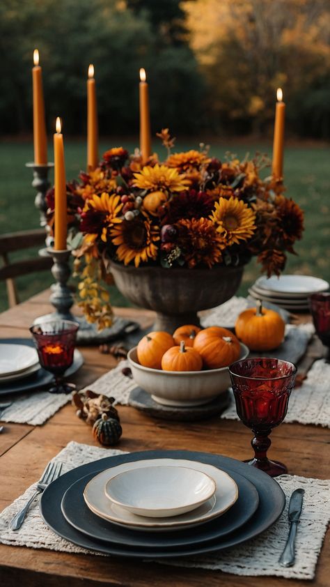 Create a welcoming ambiance this fall with our stunning collection of rustic and elegant fall table settings Whether you're planning an autumn wedding upscale dinner party or an intimate gathering our round table decor ideas featuring dollar tree decorations will elevate your autumn dining experience Transform your dining room into a beautiful casual space with these inspiring autumn-themed table setting concepts Romantic Table For 2, Sunflower Thanksgiving Table, Fall Brunch Tablescape, Round Table Decor Ideas, Dollar Tree Decorations, Rustic Table Settings, Elegant Autumn Wedding, Brunch Tablescape, Dinner Table Centerpieces