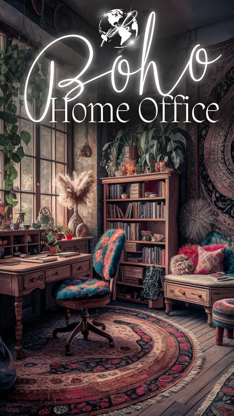 Combine vintage charm with boho style in your office. Use cozy room decor, vintage, and victorian elements to create a unique workspace. Boho lamps and a boho wall add warmth and personality. This bohemian home office setup is designed to inspire creativity and productivity. #bohoofficewithvintagecharm #bohostyleinteriordesign #chicbohemiandecor #vintage #boholamps #bohowall #bohochichomeoffice #homeoffice #cozyroomdecor #bohemianstyle Boho Lamps Bohemian Decor, Bohemian Style Office, Victorian Elements, Boho Style Interior Design, Boho Lamps, Bohemian Home Office, Chic Workspace, Unique Workspace, Inspiring Office