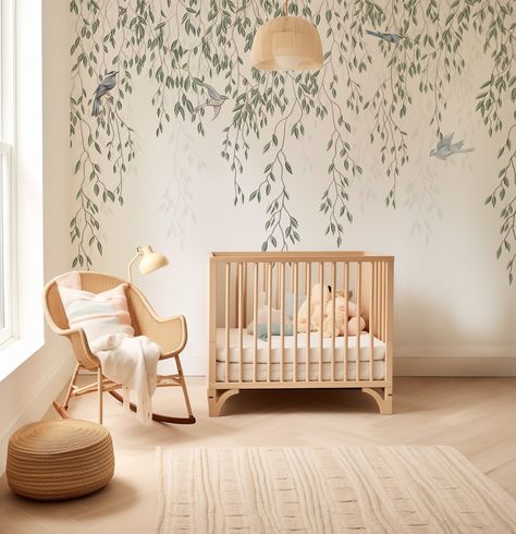 SHOP Willow Tree & Birds Mural Removable Wallpaper for Girls Nursery – Olive et Oriel Nursery Mural Wallpaper, Nursery Color Themes, Wall Murals Nursery, Modern Forest Nursery, Cool Girl Nursery, Gender Neutral Nursery Mural, Green Garden Nursery, Nursery Removable Wallpaper, Kids Room Wallpaper Girl