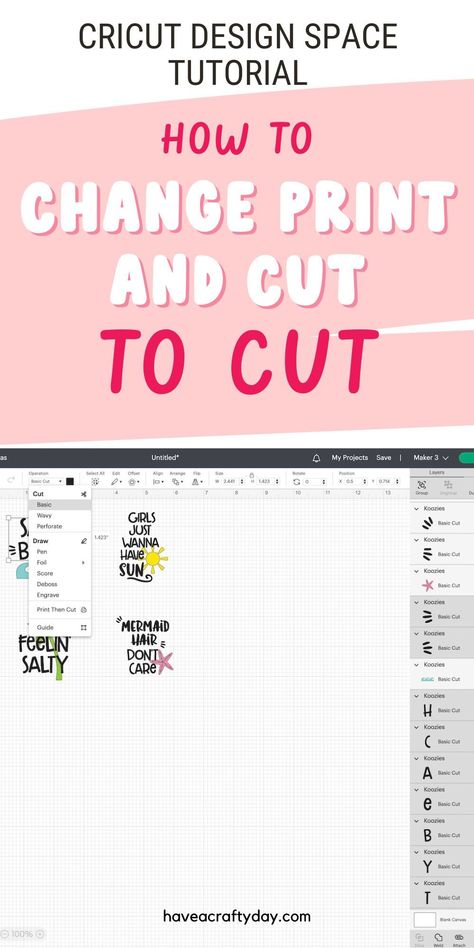 Get easy tips to change print and cut to cut only in Cricut Design Space. Learn the easy way and how to fix it if that doesn't work. Print To Cut Cricut, How To Slice In Cricut Design Space, Print And Cut Cricut, Layering Vinyl, Cricut Print And Cut, Engraving Printing, Cricut Craft, Cricut Cards, Cut Image