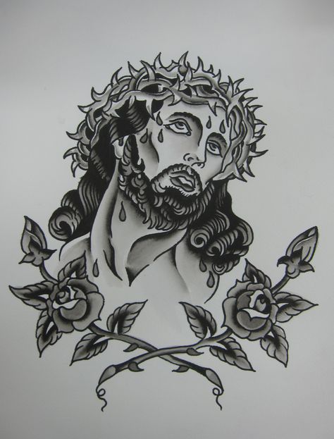 Jesus Rock Of Ages Tattoo, Lowrider Tattoo, Jesus Tattoo Design, Traditional Tattoo Drawings, Traditional Tattoo Inspiration, Rose Tattoos For Men, Tattoo Board, Jesus Drawings, Traditional Tattoo Sleeve