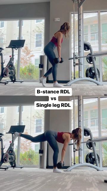 Julie | Online Fitness Coach on Instagram: "B-STANCE RDL VS. SINGLE-LEG RDL ⬇️ Remember to SAVE and SHARE 📌 Both of these exercises are isolation movements that target your posterior chain and challenge your stability! They do have some differences: SINGLE-LEG RDL: targets primarily your hamstrings and glutes. Great to help imbalances as it focused a lot on STABILITY especially with the help of your core. B-STANCE RDL: this isolation exercise also targets your hamstrings and glutes too! Rdl Exercise Single Leg, One Leg Rdl Form, How To Do B Stance Rdl, Single Rdl Exercise, Rdl Single Leg, Single Leg Rdl Exercise, B Stance Rdl Form, One Leg Rdl, Single Rdl