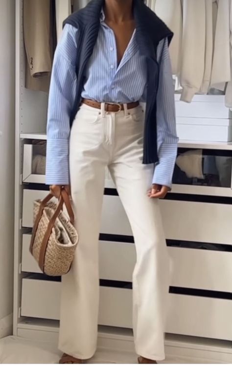 White And Blue Button Up Shirt Outfit, White Pants Outfit Winter Classy, Old Money Blouse, Blue Outfit Classy, Old Money Outfits Autumn Women, White Shirt Outfit Women Classy, Career Fair Outfit, Beige And Blue Outfit, White Pants Outfit Aesthetic