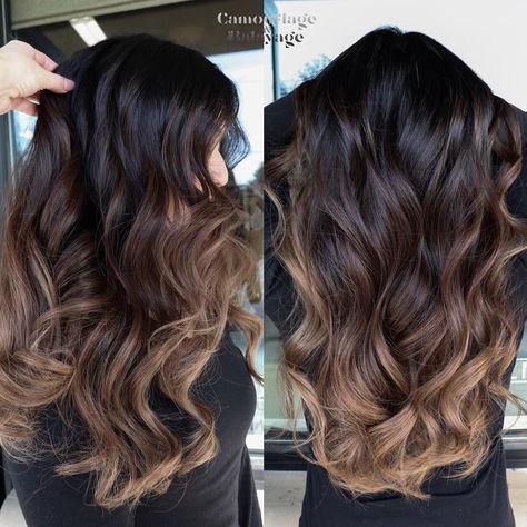 Amy McManus on Instagram: “Barbara’s hair is jet black. This took a year to achieve using Balayage. She was lifted to a level 7 near the top and her ends were just…” Darker Balayage, Balyage Long Hair, Dark Ombre Hair, Black Hair Ombre, Black Hair Balayage, Caramel Cream, Brown Ombre Hair, Peekaboo Hair, Brown Hair Inspo