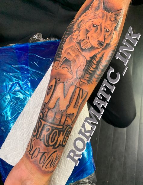 Only the strong survive wolf tattoo by ROKMATIC_INK Only The Strong Survive Tattoo For Men, Strong Survive Tattoo, Only The Strong Survive Tattoo, Survive Tattoo, Tattoo On Chest, Tattoo Ideas Males, Hair Twists Black, Cool Half Sleeve Tattoos, Hair Twists