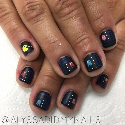 8ball Nails Men, Nerd Nail Art, Gel Nails Men, Mens Manicure Design, Boy Nail Art, Animated Nails, Pacman Nails, Jason Nails, Nerd Nails